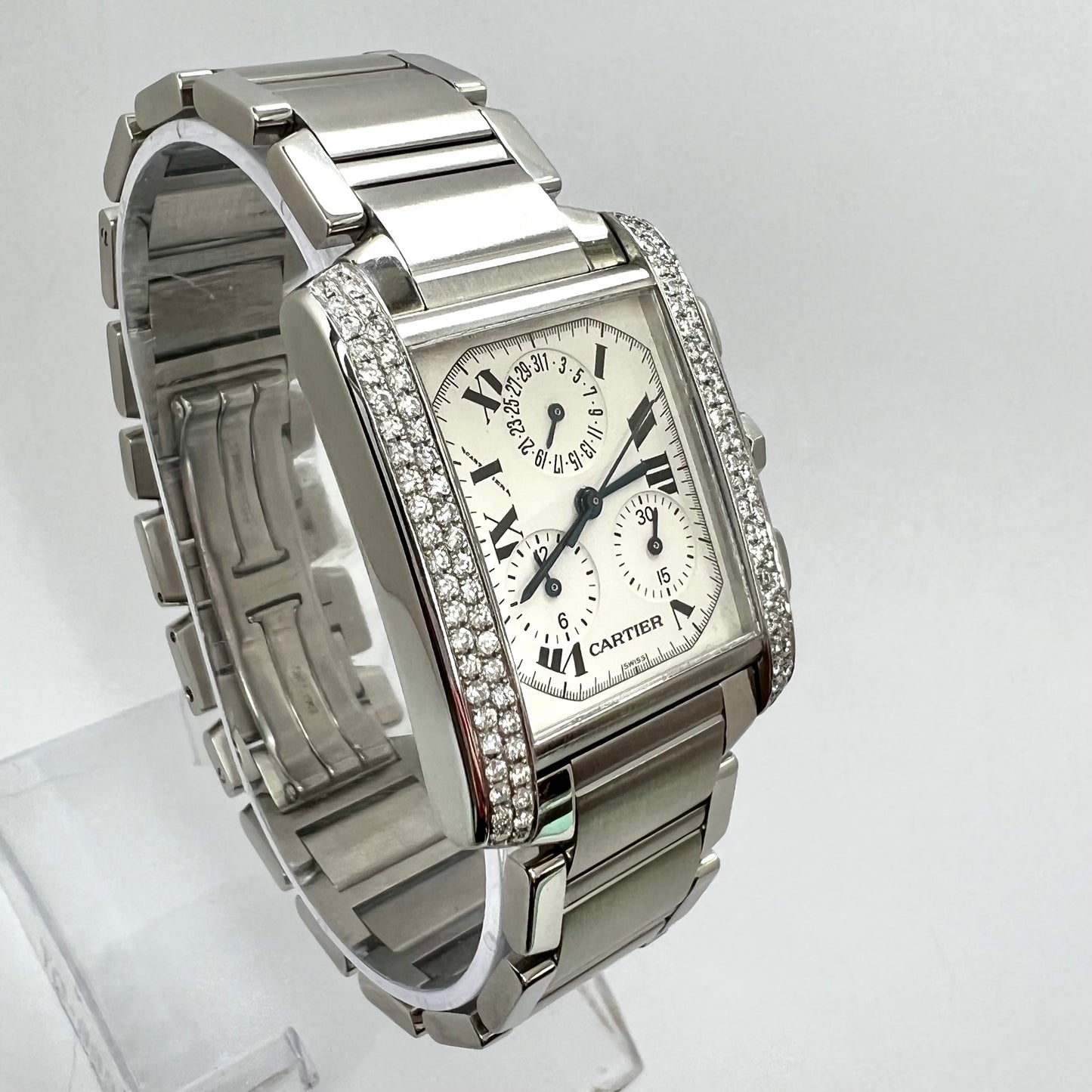 CARTIER TANK FRANCAISE Chronograph Quartz 28mm Steel ~1TCW DIAMOND Watch