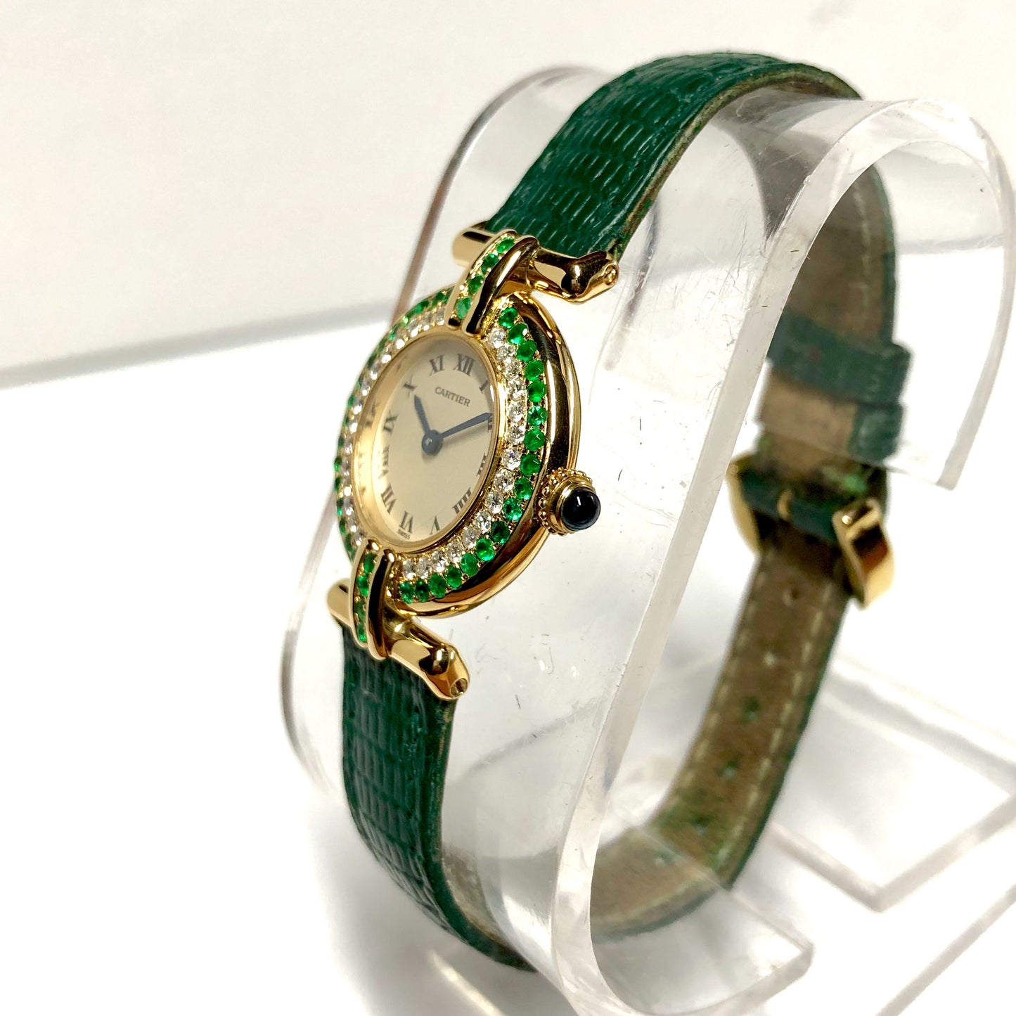 CARTIER VERMEIL COLISEE Quartz 18K Yellow Gold DIAMONDS & Emeralds Watch