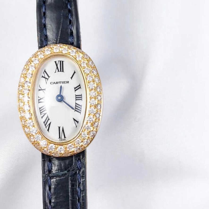 CARTIER BAIGNOIRE Mini Quartz 18mm 18K Yellow Gold Diamond Watch