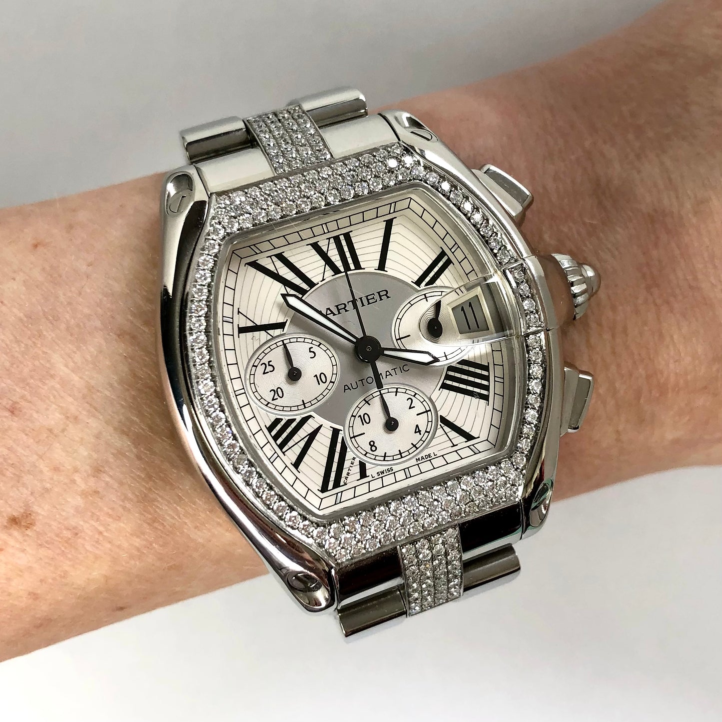 CARTIER ROADSTER Chronograph Automatic 42mm Steel ~2.5TCW DIAMOND Bezel & Bracelet Watch