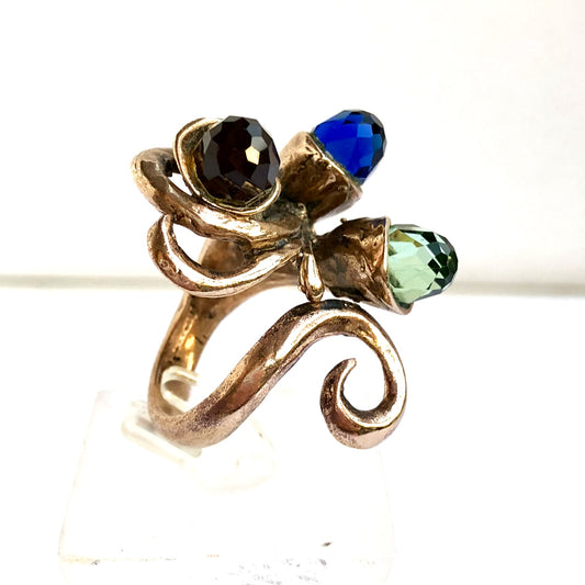 Bronze Ladies Ring w/ Blue, Green & Brown Crystals Size 6.75 Adjustable