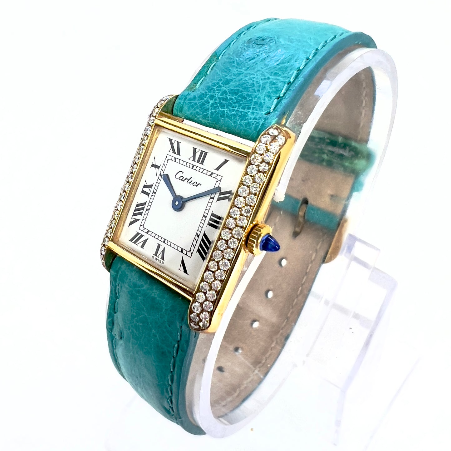 CARTIER TANK Manual Winding 21mm GP Silver Watch 0.5TCW Diamonds