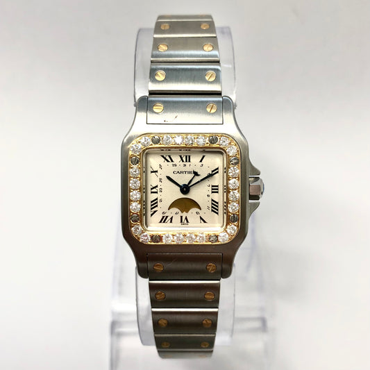 CARTIER SANTOS GALBEE 24mm Quartz Moon Phase 2 Tone 0.54TCW Diamond Watch