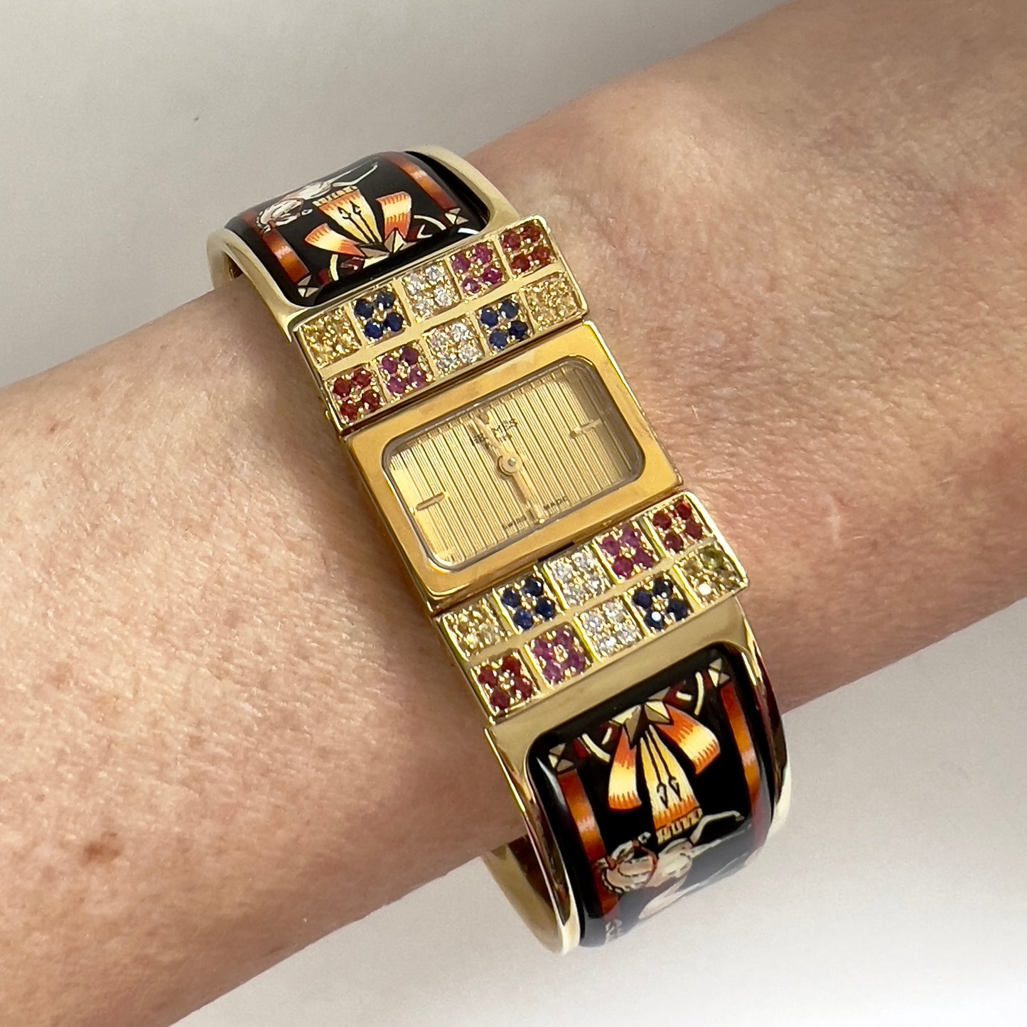 HERMÈS LOQUET 18K Gold-Plated Bracelet Watch w/ Multi-Color SAPPHIRES & DIAMONDS