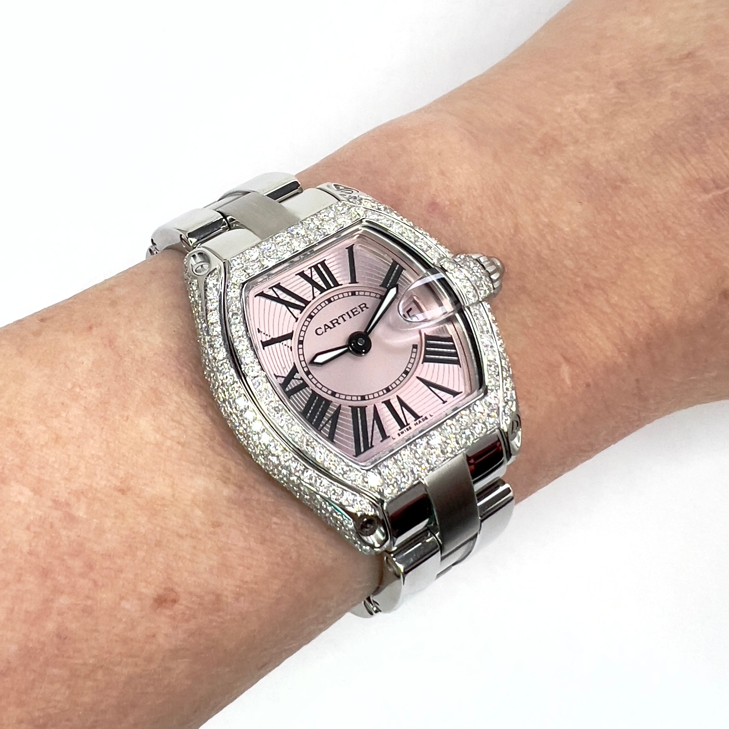 CARTIER ROADSTER Quartz Steel 31mm Pink Dial 2.5TCW DIAMOND Watch