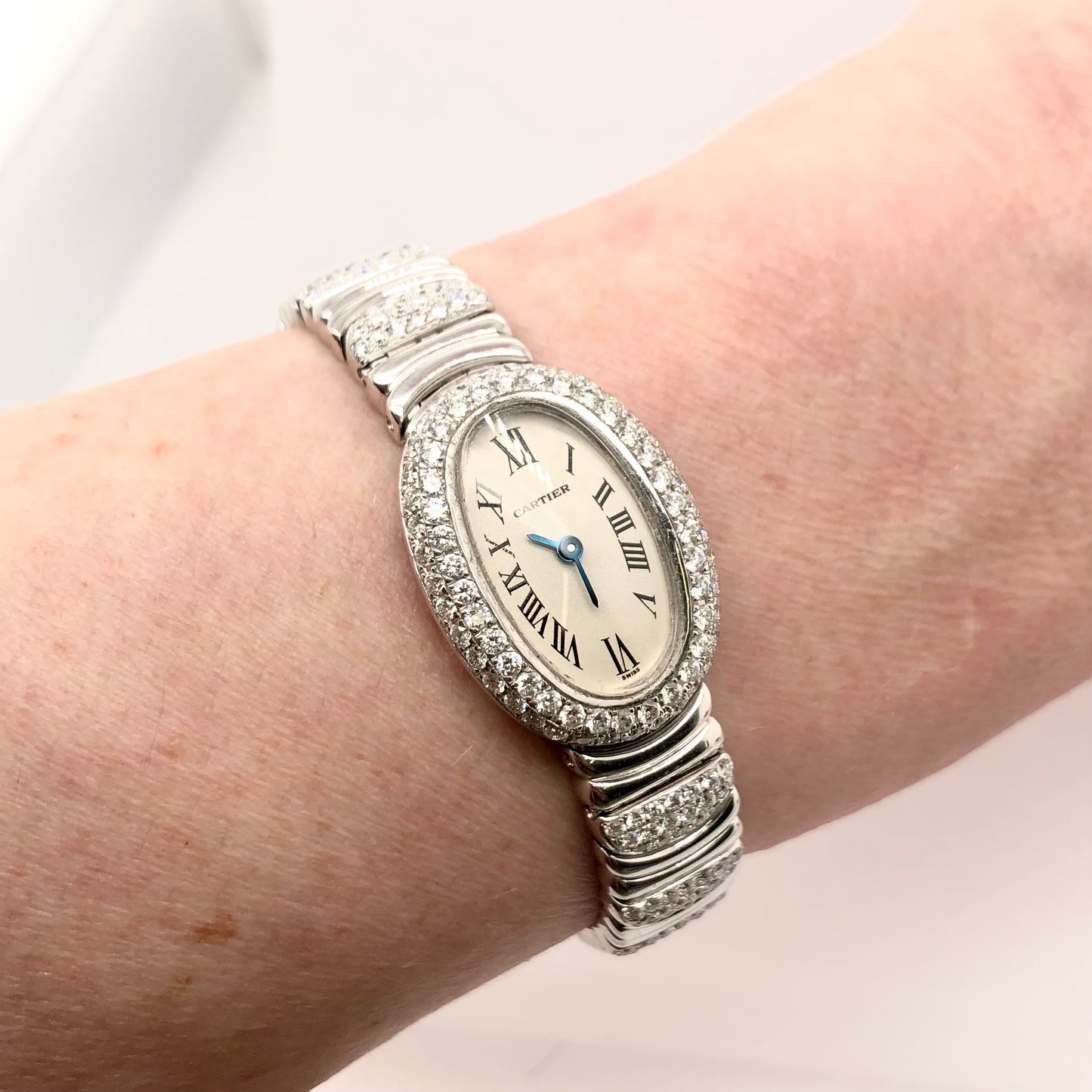 CARTIER BAIGNOIRE Mini 18mm 18K White Gold ~3.5TCW Diamond Watch