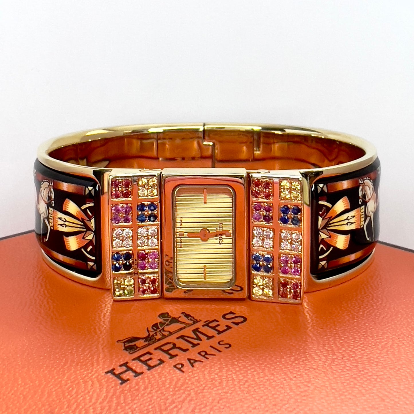 HERMÈS LOQUET Quartz 20mm Gold-Plated Steel Bracelet Watch Multi-Color SAPPHIRES & DIAMONDS