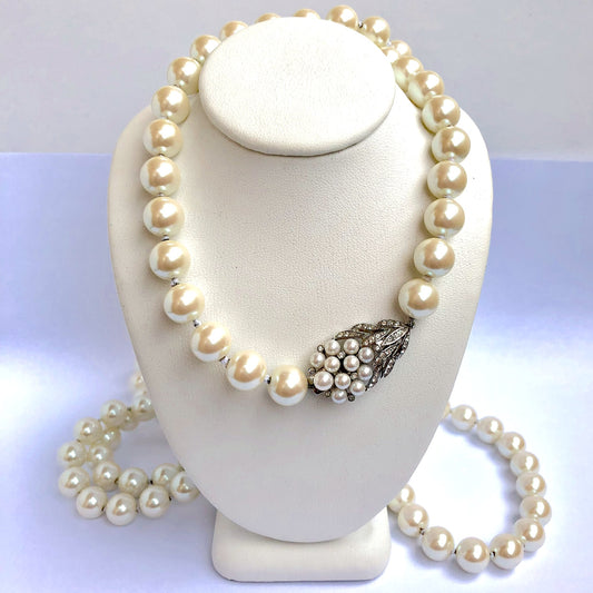 Champagne Faux PEARLS NECKLACE 27” Long Silver Detail Crystals