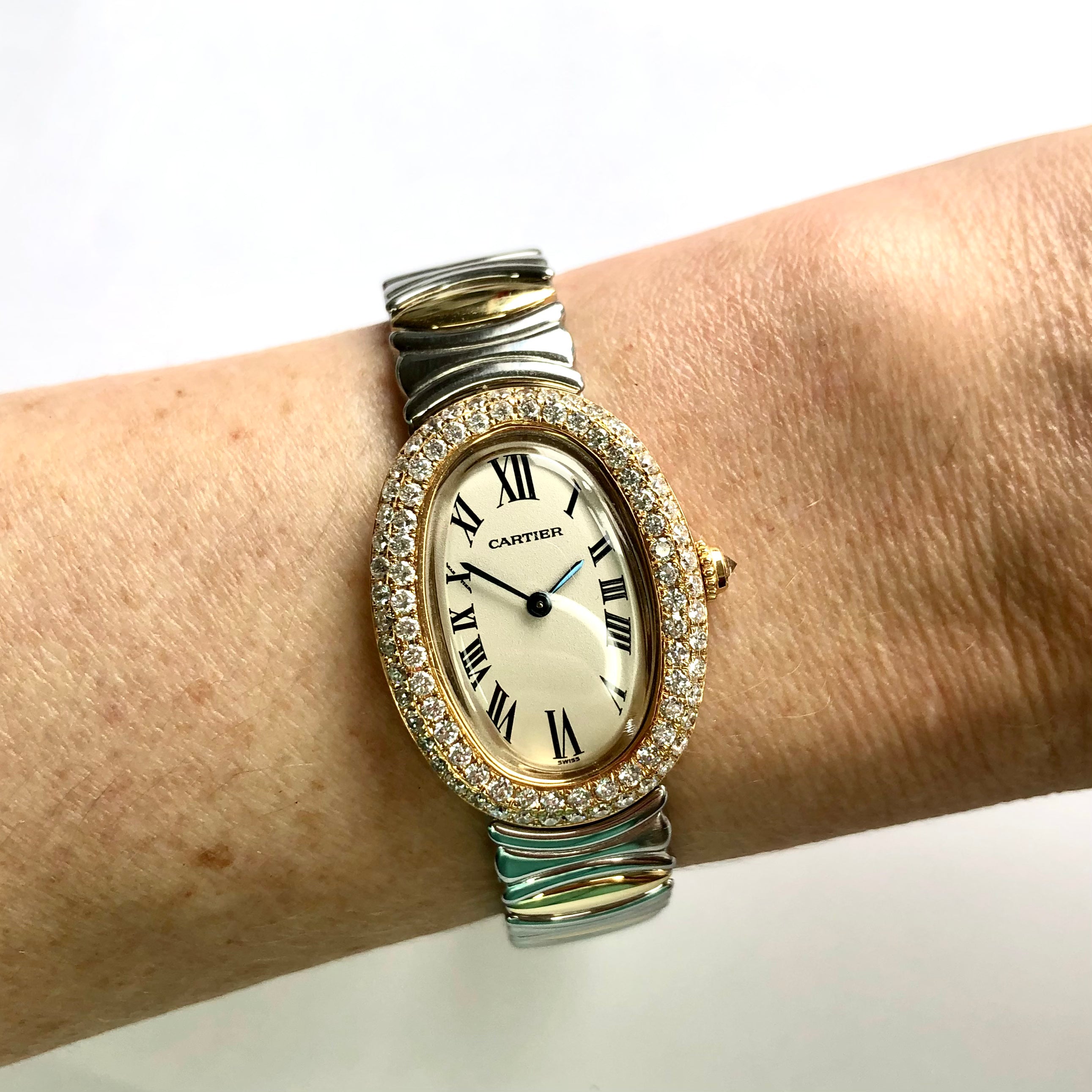 CARTIER BAIGNOIRE Quartz 23mm 2 Tone 1.7TCW Diamond Watch NATILUXIA