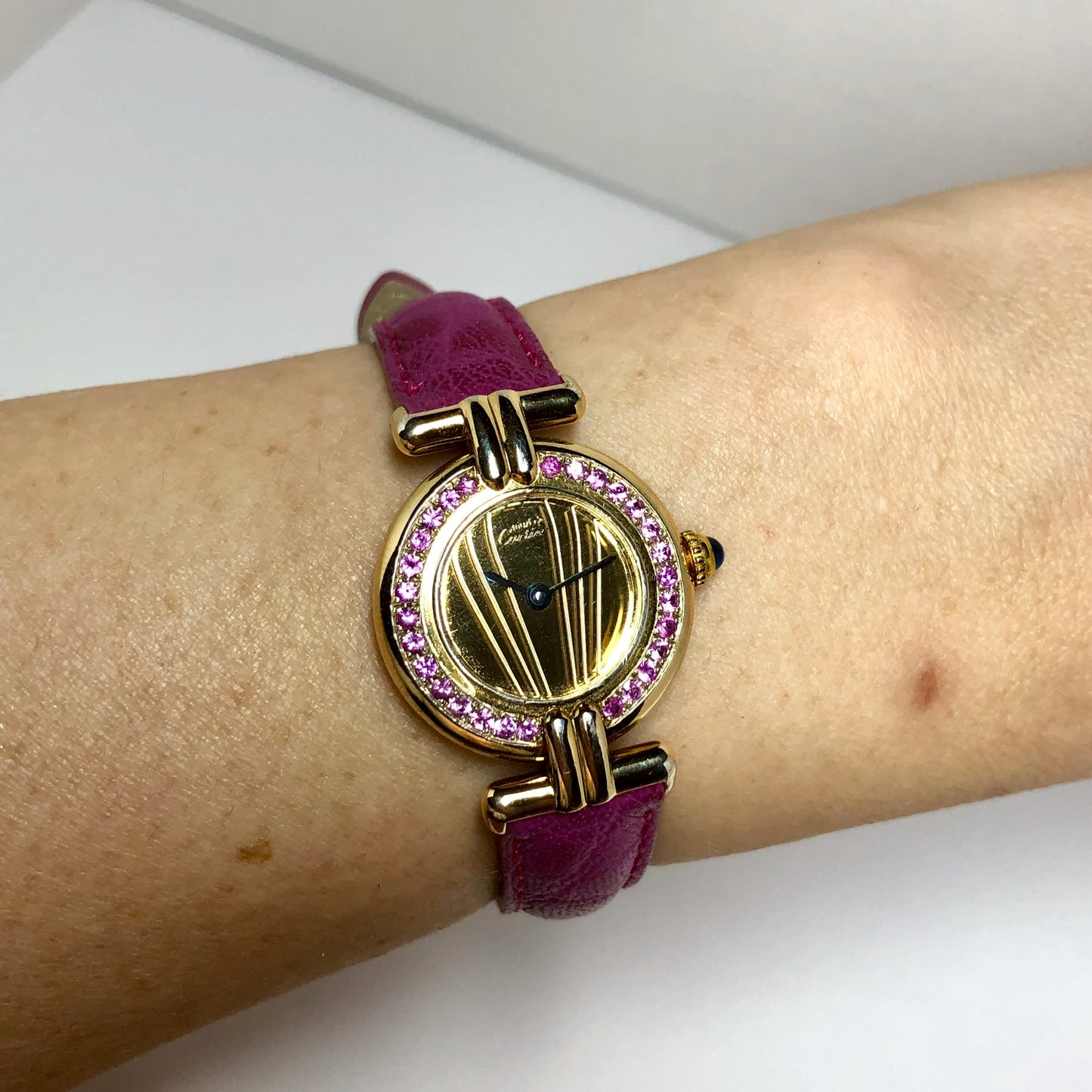 CARTIER VERMEIL COLISÈE Quartz 24mm GP Silver 0.55TCW Pink SAPPHIRES Watch