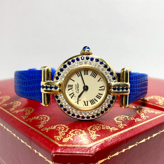 CARTIER VERMEIL COLISÈE Quartz 24mm GP Silver DIAMONDS & Blue SAPPHIRES Watch