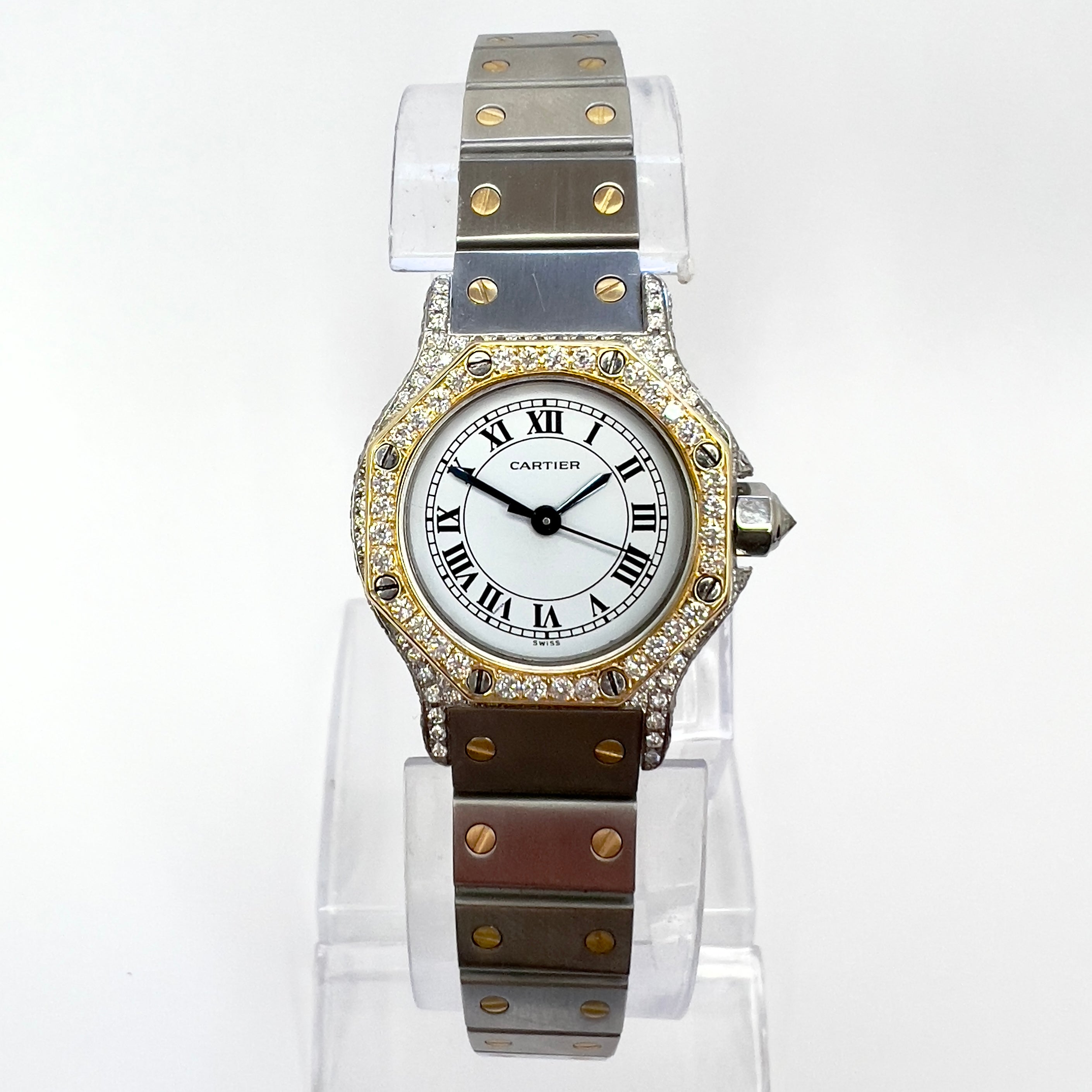 CARTIER SANTOS OCTAGON 25mm Automatic 2 Tone 1.5TCW DIAMOND Watch 