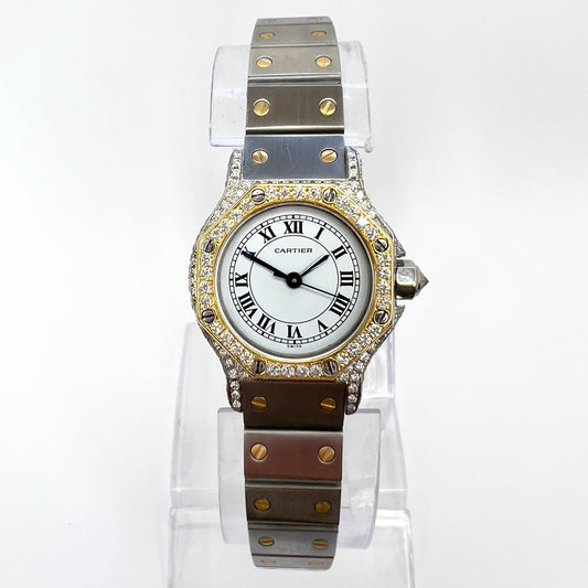 CARTIER SANTOS OCTAGON 25mm Automatic 2 Tone 1.5TCW DIAMOND Watch 