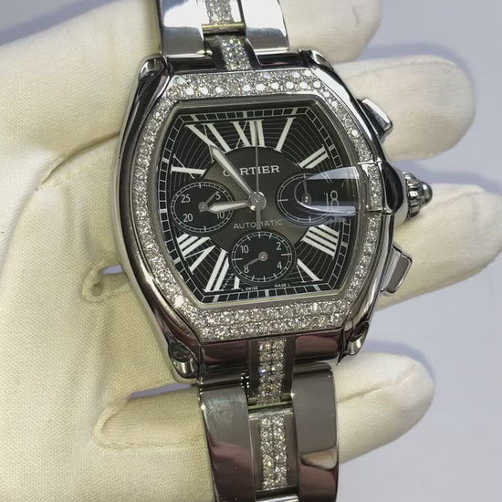 CARTIER ROADSTER Chronograph 2618 Automatic 42mm Steel ~4.5TCW Diamond WatchCARTIER ROADSTER Chronograph 2618 Automatic 42mm Steel ~4.5TCW Diamond Watch