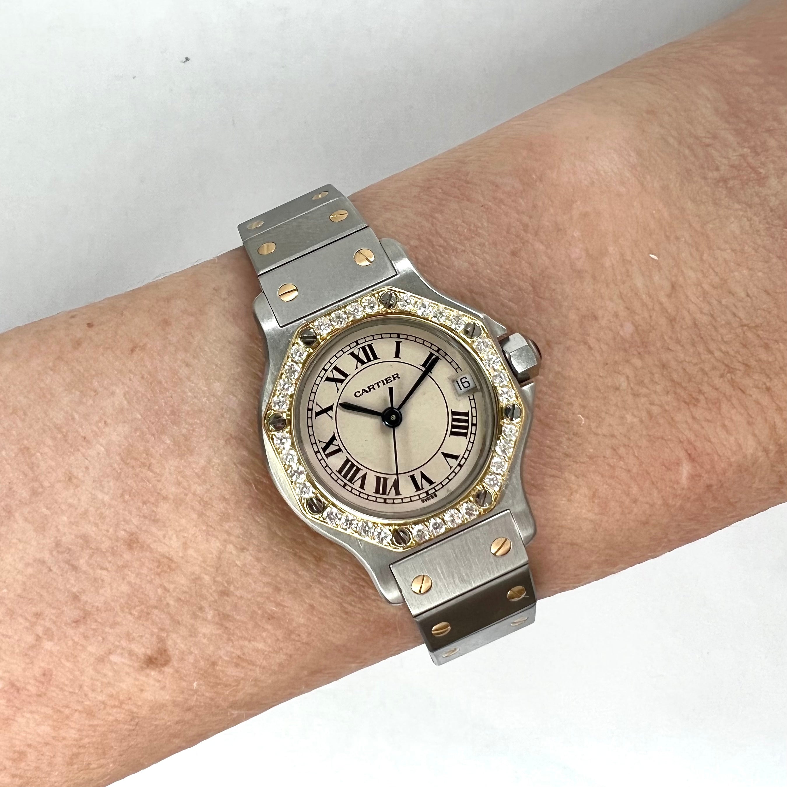 CARTIER SANTOS OCTAGON 25mm Quartz 2 Tone 0.40TCW Diamond Watch