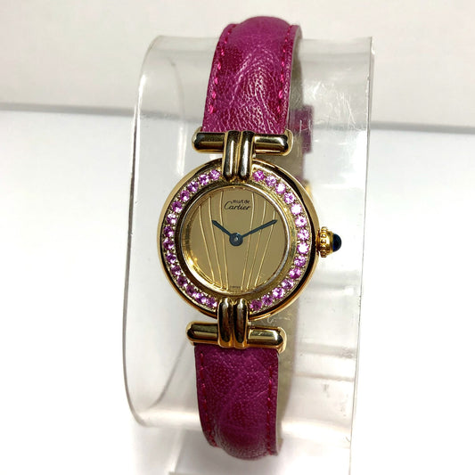 CARTIER VERMEIL COLISÈE Quartz 24mm GP Silver 0.55TCW Pink SAPPHIRES Watch