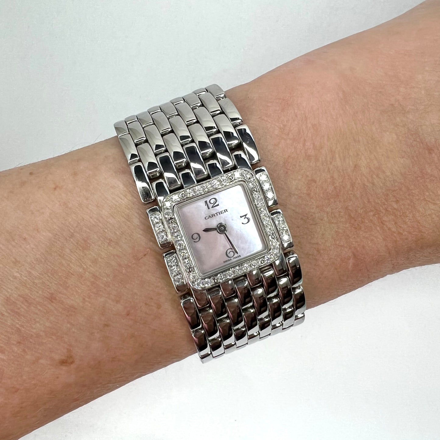 CARTIER RUBAN Quartz Steel 0.50TCW Diamond Watch Pink MOP Dial