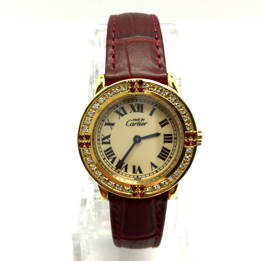 CARTIER Vermeil 28mm GP Silver Diamond & Rubies Watch