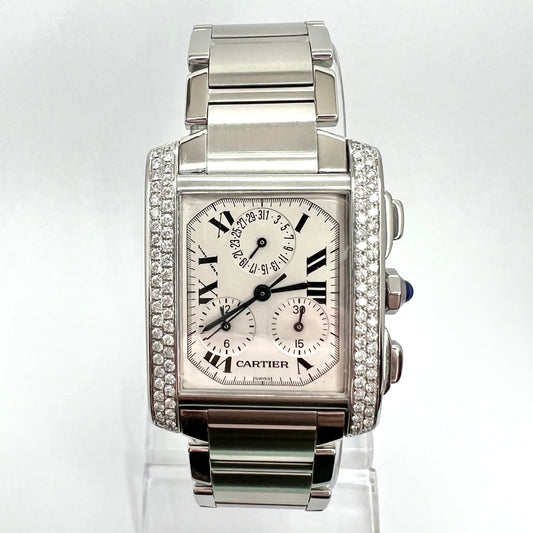 CARTIER TANK FRANCAISE Chronograph Quartz 28mm Steel ~1TCW DIAMOND Watch