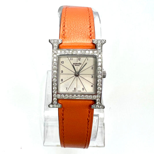 HERMES HEURE H 25mm Steel Watch 0.91TCW DIAMOND Bezel