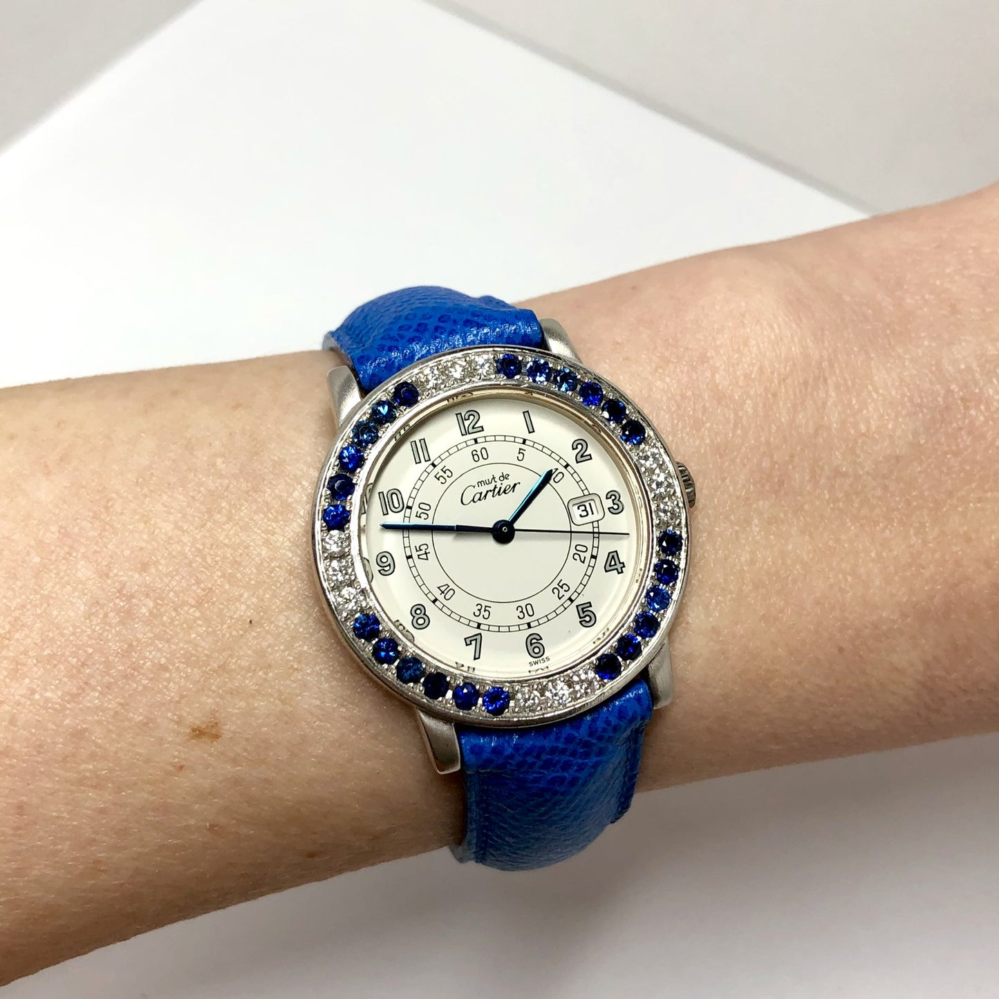 CARTIER RONDE Quartz 32mm Silver 0.48TCW Diamonds & Blue Sapphires Watch