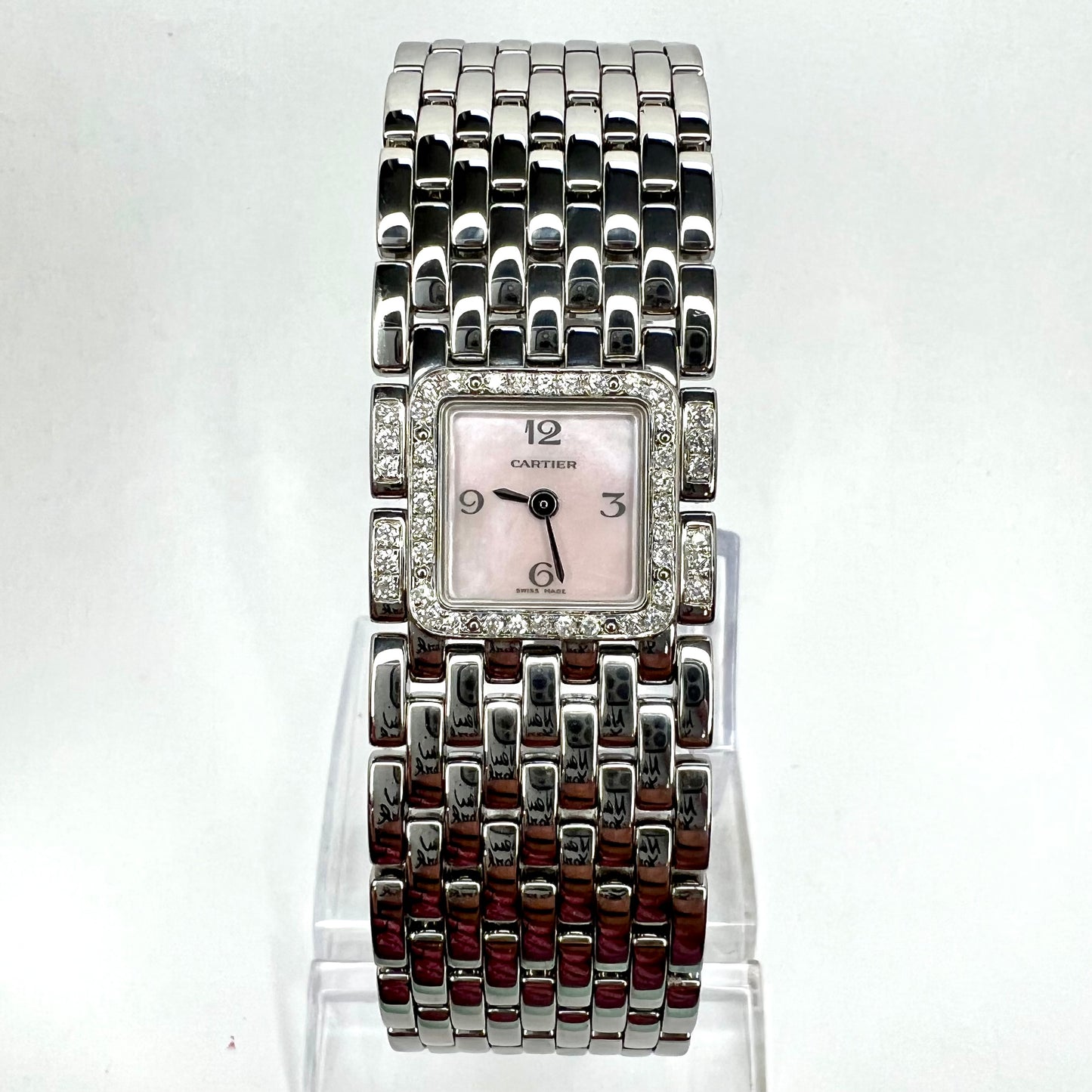 CARTIER RUBAN Quartz Steel 0.50TCW Diamond Watch Pink MOP Dial