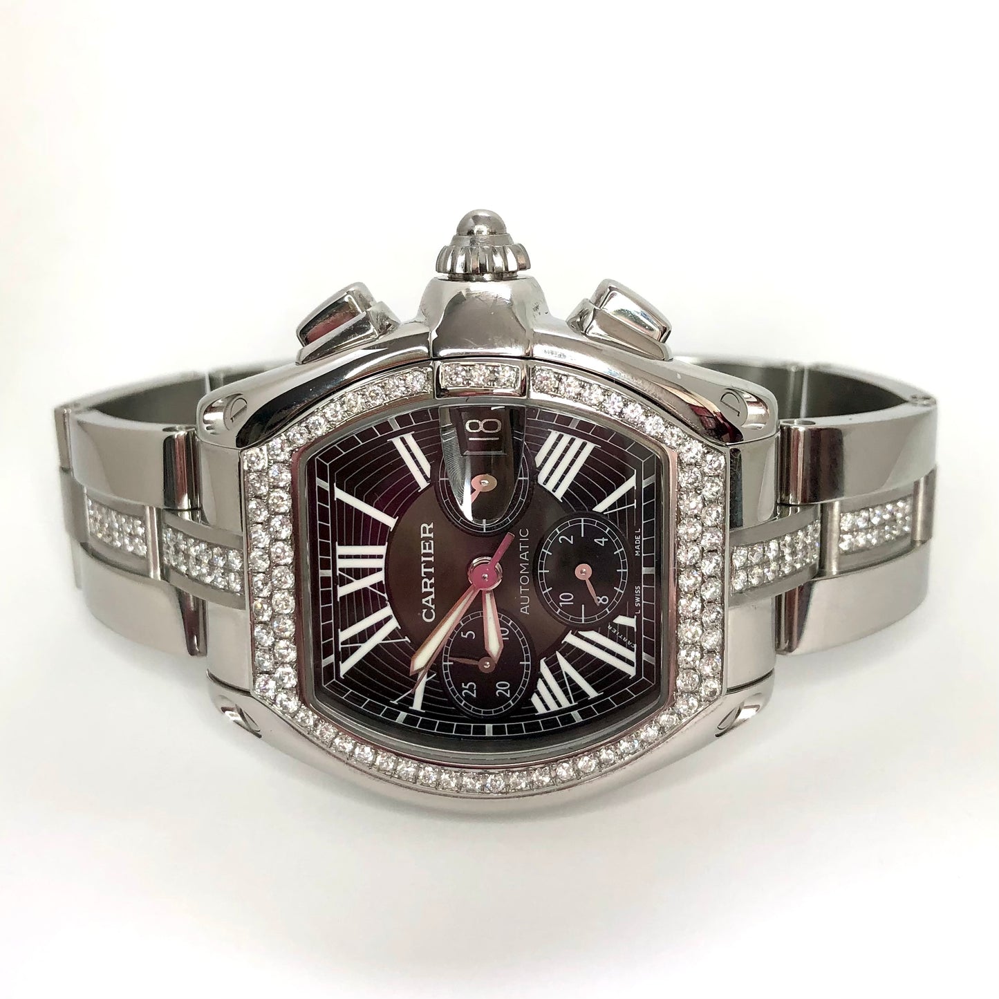 CARTIER ROADSTER Chronograph 2618 Automatic 42mm Steel ~4.5TCW Diamond Watch