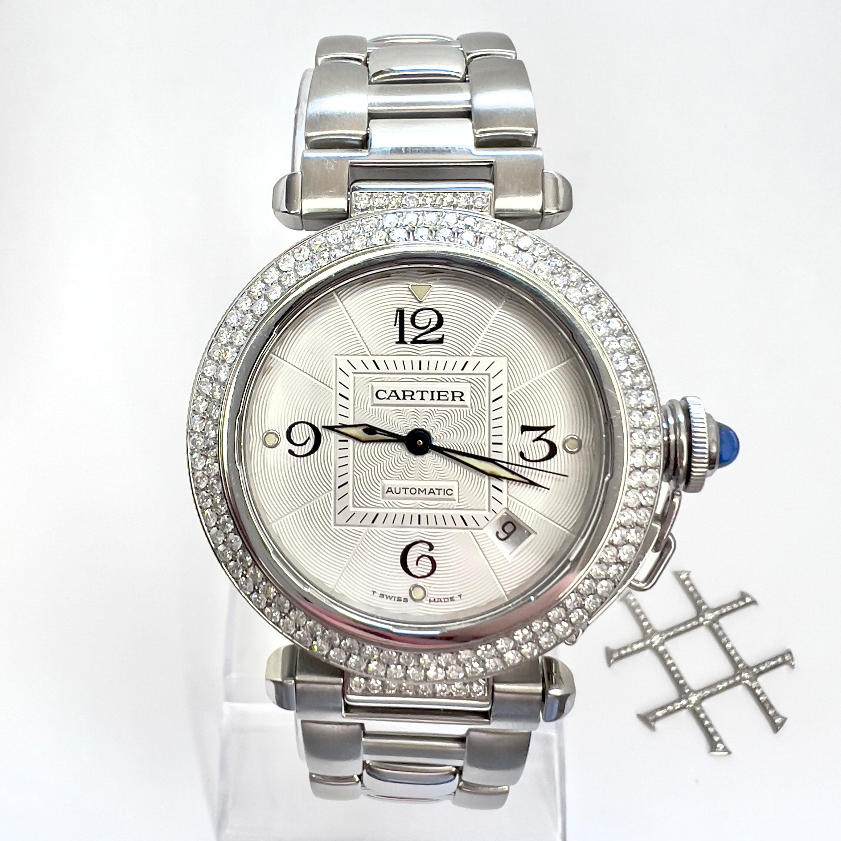 CARTIER PASHA GRID 38mm Automatic Steel 2.05TCW DIAMOND Watch NATILUXIA