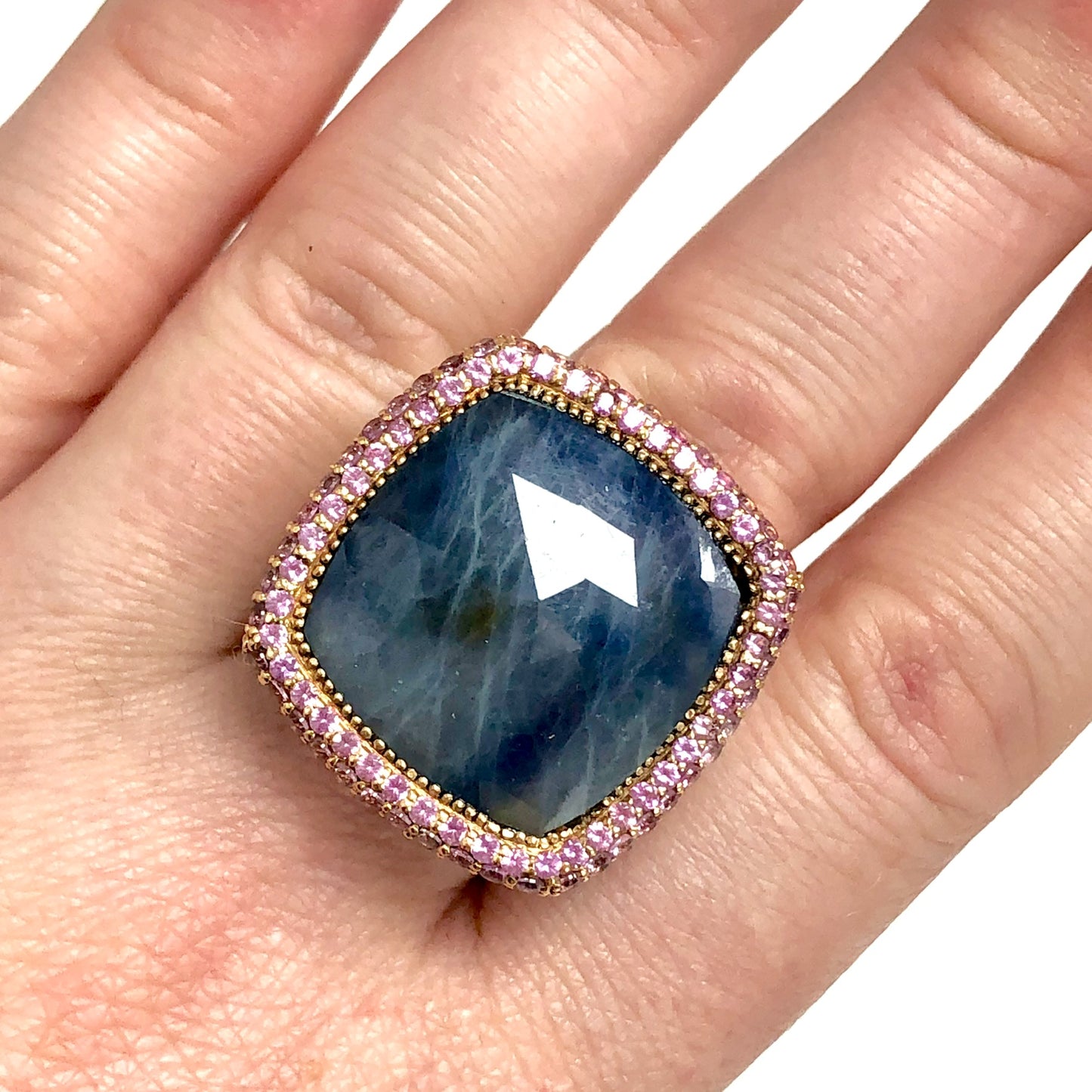 New 18K Rose Gold Natural Blue & Pink SAPPHIRES Ladies Ring 20.45g Size 10.35 Resizable