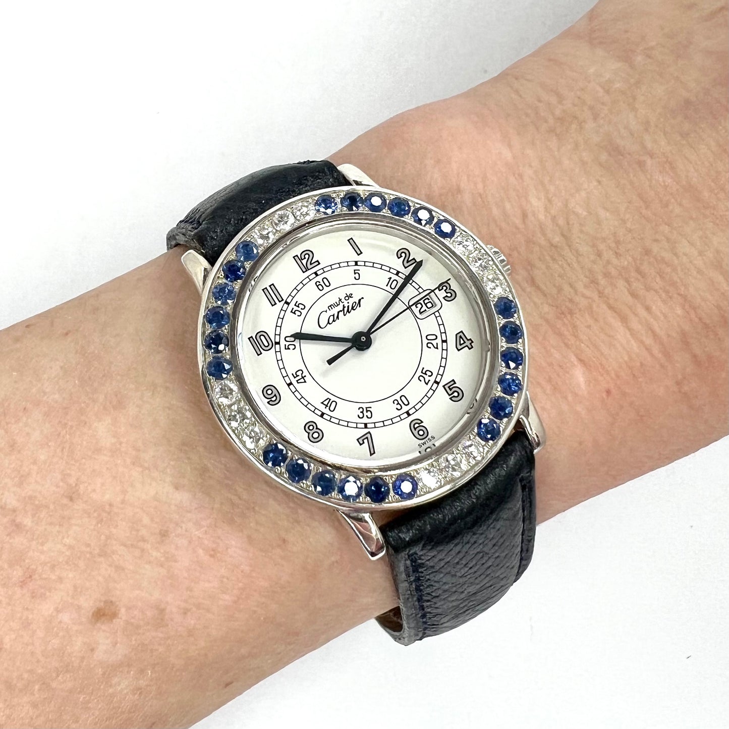 CARTIER RONDE 32mm Quartz Silver 0.52TCW DIAMONDS & 1.52TCW Blue SAPPHIRES Watch