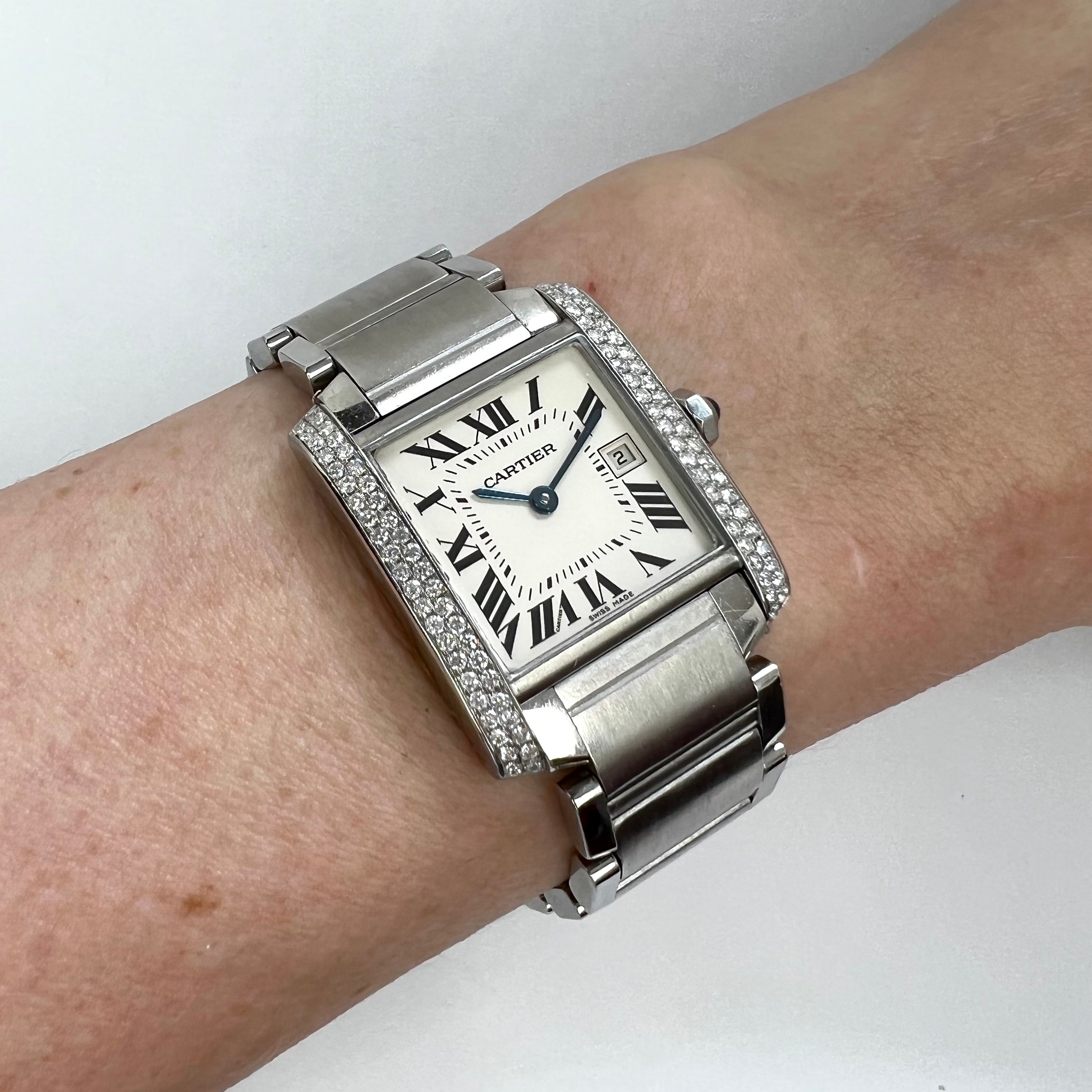 CARTIER TANK FRANCAISE Quartz 25mm Steel 0.70TCW DIAMOND Watch NATILUXIA