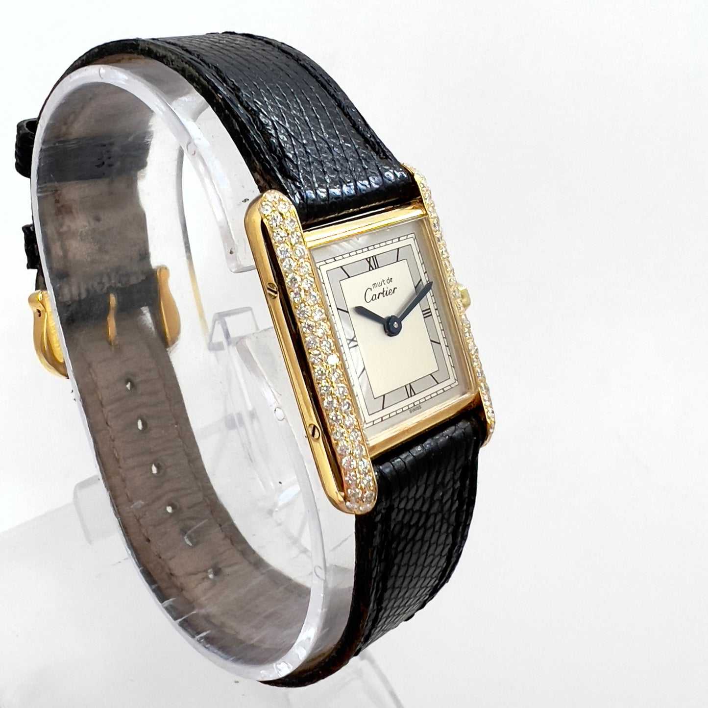 CARTIER TANK Quartz 20mm GP Silver 0.67TCW Diamond Watch