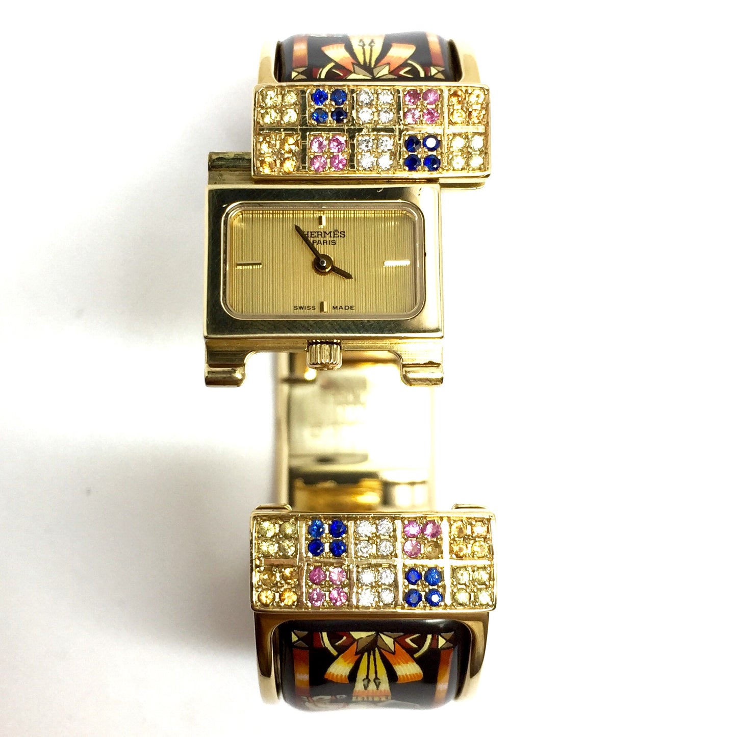 HERMÈS LOQUET Quartz 20mm Gold-Plated Steel Bracelet Watch Multi-Color SAPPHIRES & DIAMONDS