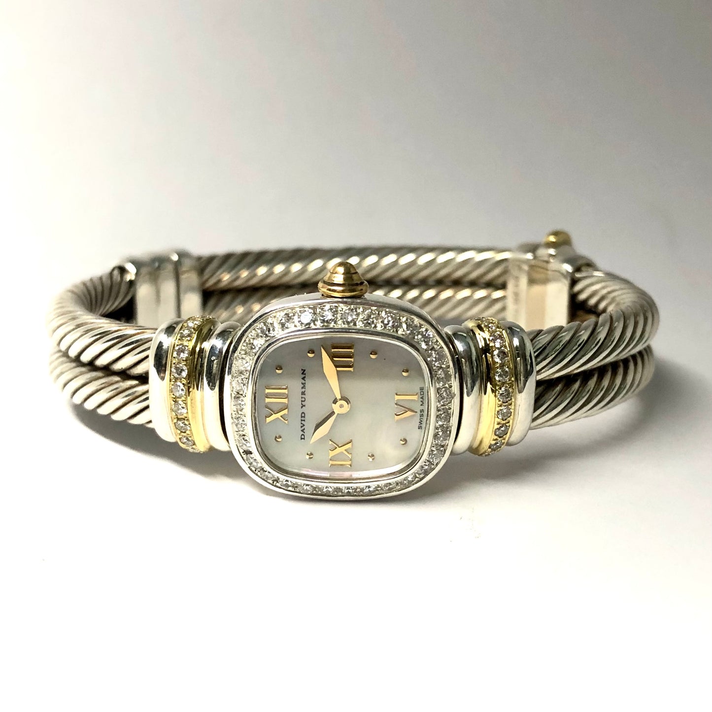 DAVID YURMAN CHELSEA 925 Silver & Gold Plated Cable Bracelet Watch 0.66TCW DIAMONDS Mother Of Pearl Dial