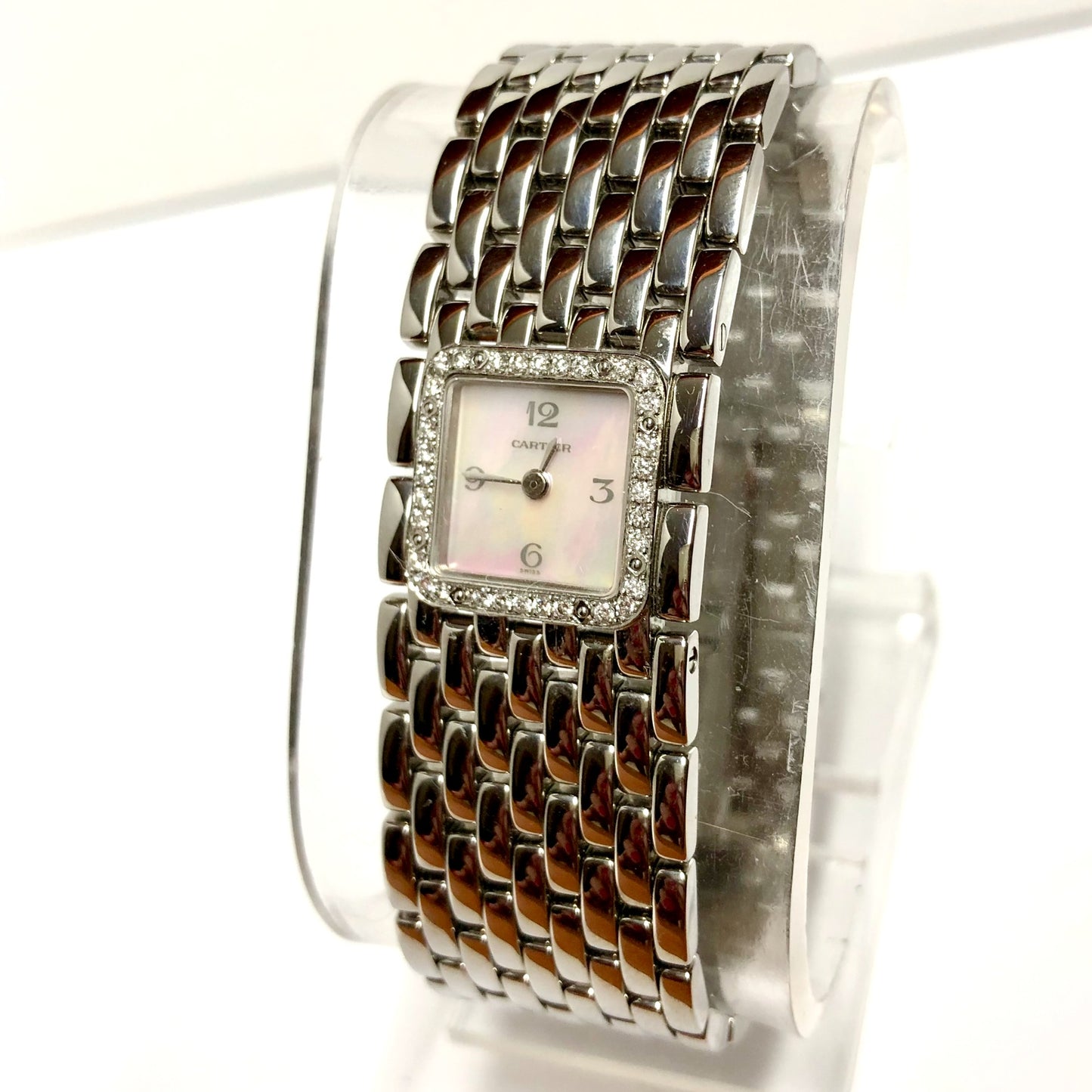 CARTIER PANTHERE RUBAN Quartz 21mm Steel 0.27TCW DIAMOND Watch Pink MOP Dial 