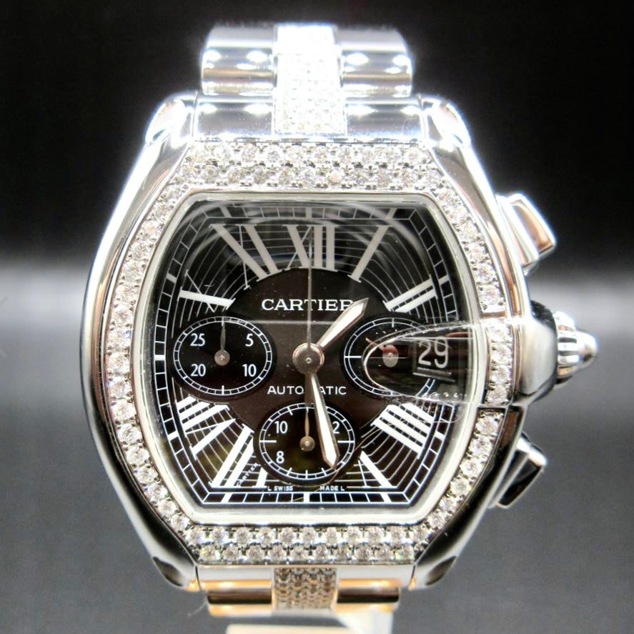 CARTIER ROADSTER Chronograph 2618 Automatic 42mm Steel ~4TCW Diamond Watch Media 1 of 5