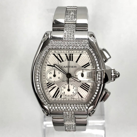 CARTIER ROADSTER Chronograph Automatic 42mm Steel ~2.5TCW DIAMOND Bezel & Bracelet Watch