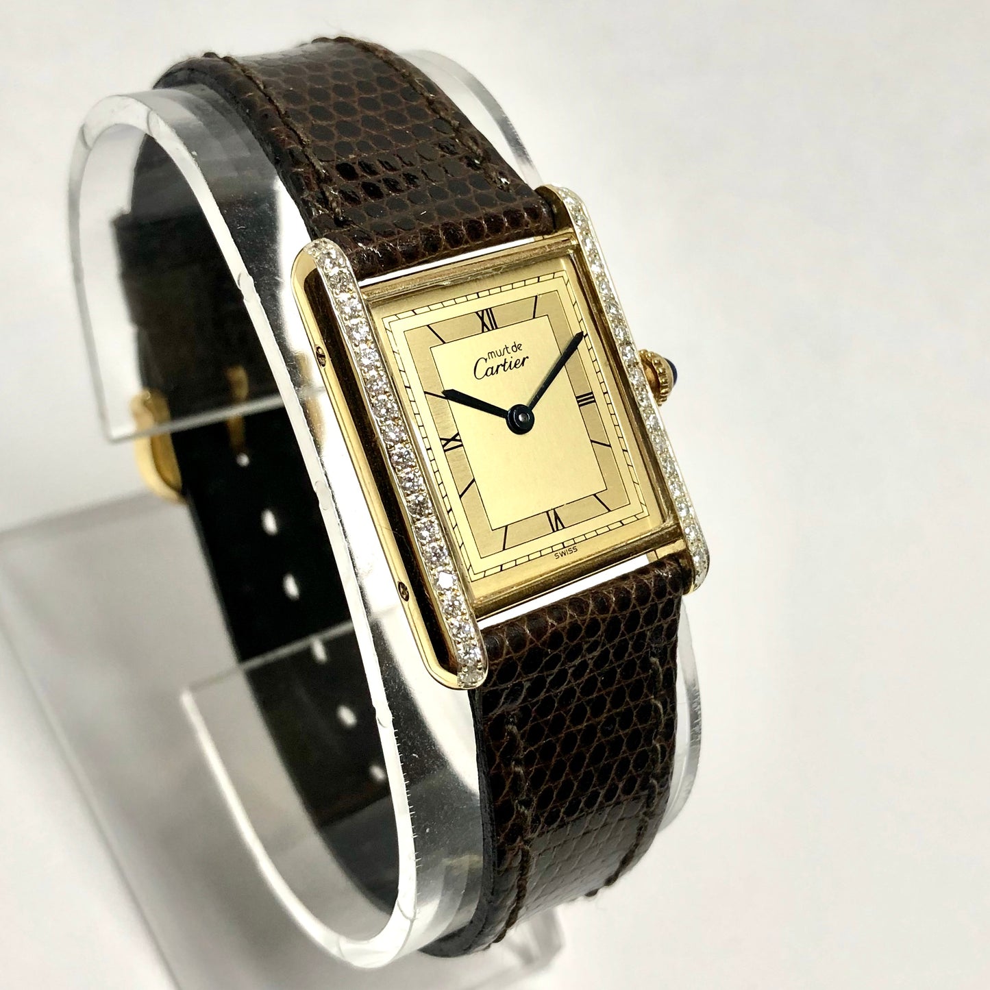 CARTIER TANK Quartz 24mm Gold-Plated Silver 0.46TCW Diamond Watch