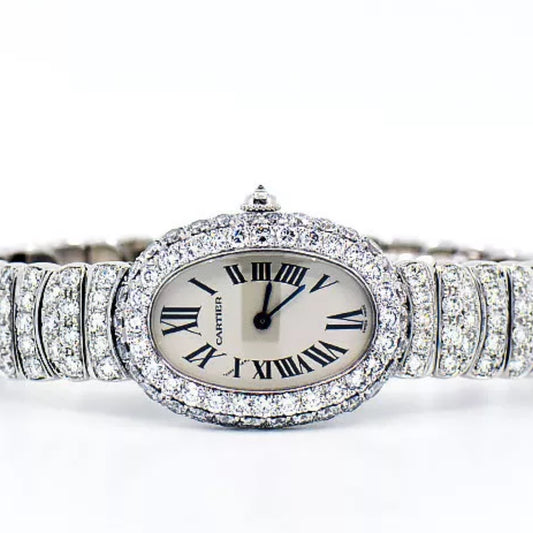 CARTIER BAIGNOIRE 23mm Quartz 18K White Gold 8.42TCW Diamond Watch