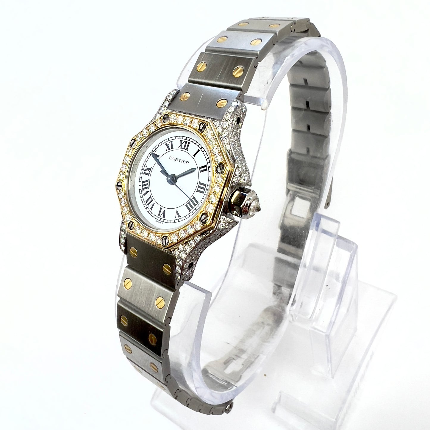 CARTIER SANTOS OCTAGON 25mm Automatic 2 Tone 1.5TCW DIAMOND Watch 