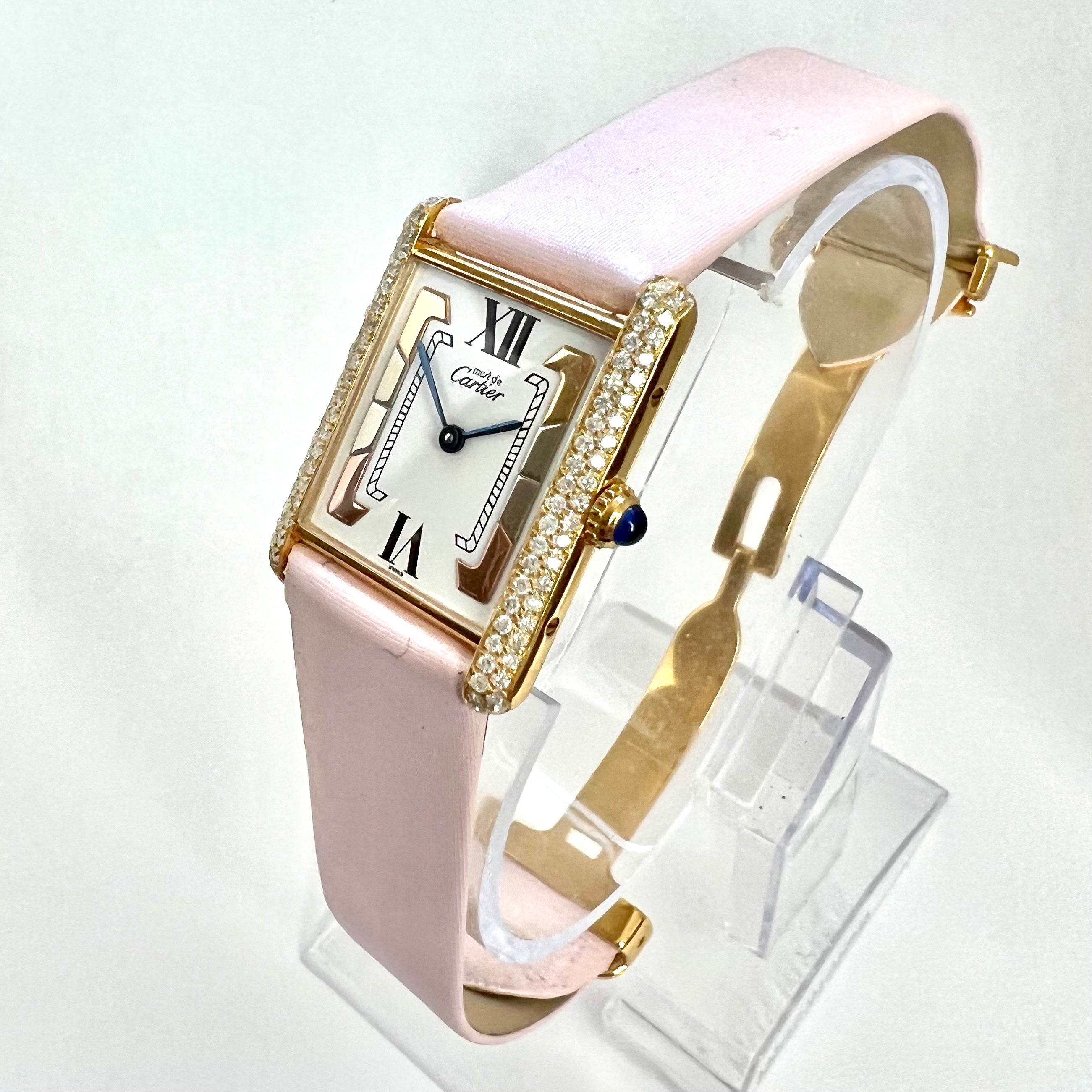 CARTIER TANK 23mm GP Silver .55TCW Diamond Watch Trinity Dial