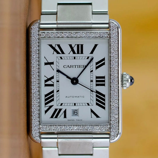 CARTIER TANK SOLO 3800 Automatic 31mm Steel ~1TCW Diamond Bezel Watch