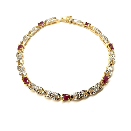 Natural RED RUBIES & DIAMONDS 14K Gold Plated 925 Silver BRACELET 9.2g 7.5” long