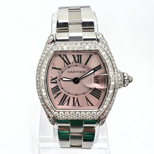 CARTIER ROADSTER Quartz Steel 31mm Pink Dial 3.2TCW DIAMOND Watch