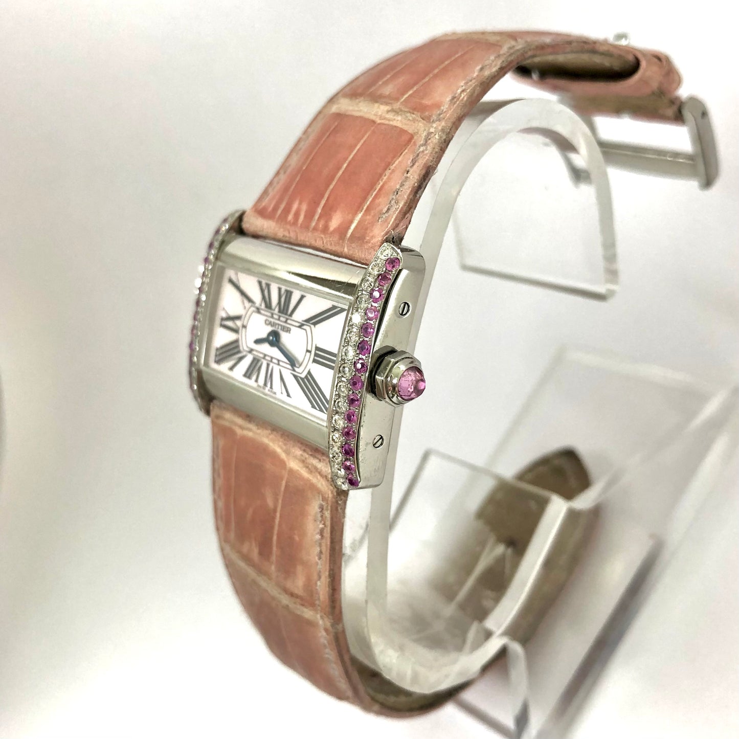 CARTIER TANK DIVAN Quartz Steel 31mm DIAMONDS & Pink Sapphires Watch