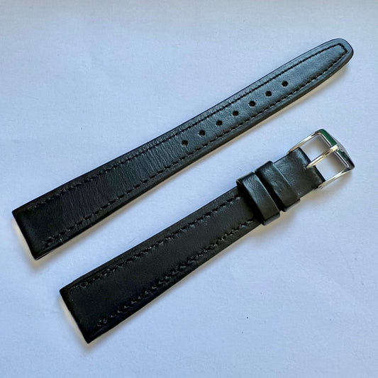 New OMEGA 15/12mm Black Genuine Leather Strap Band + Silver Tone Buckle