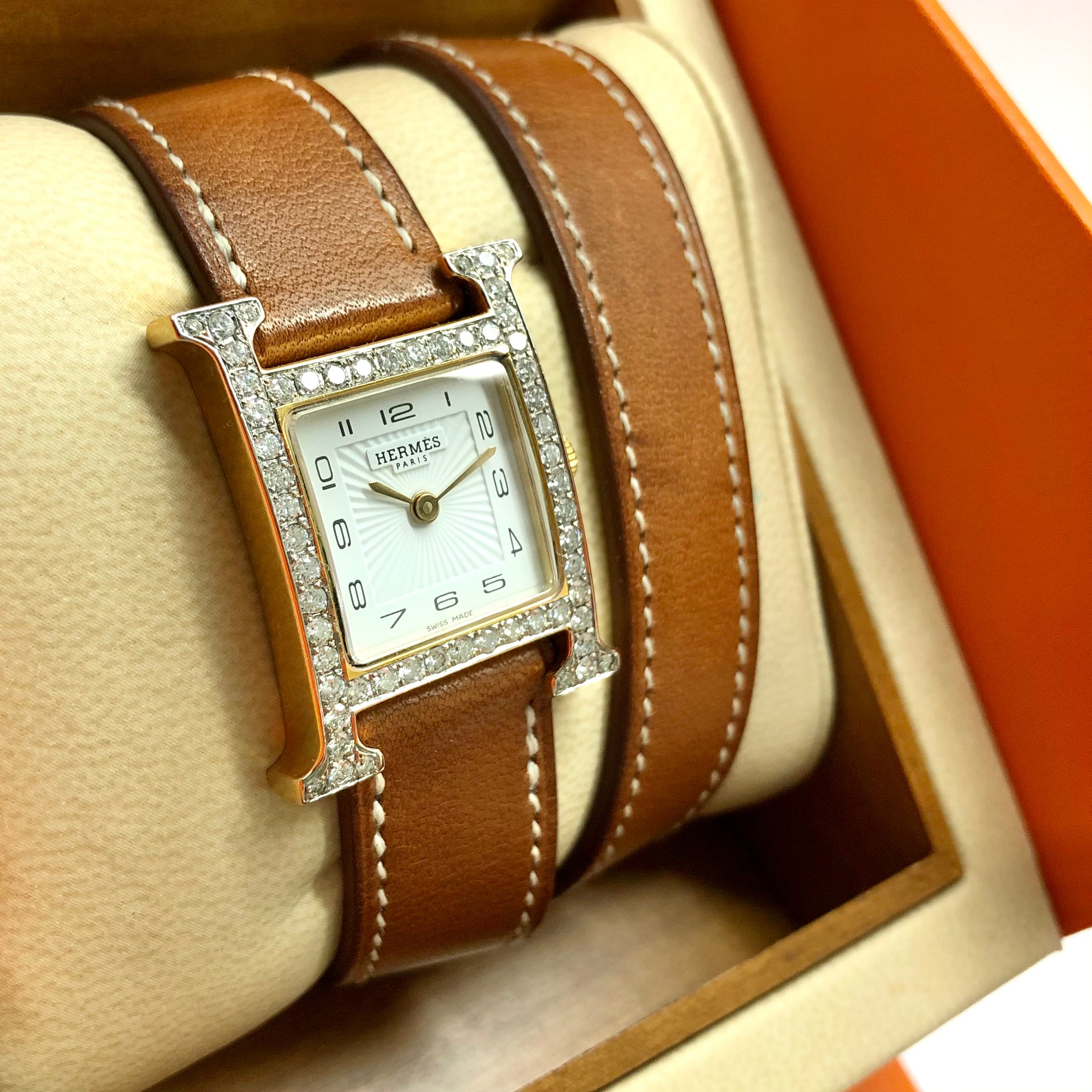 HERMÈS HEURE H Quartz 25mm Two Tone 0.91TCW DIAMOND Watch Hermès Double  Tour Band 