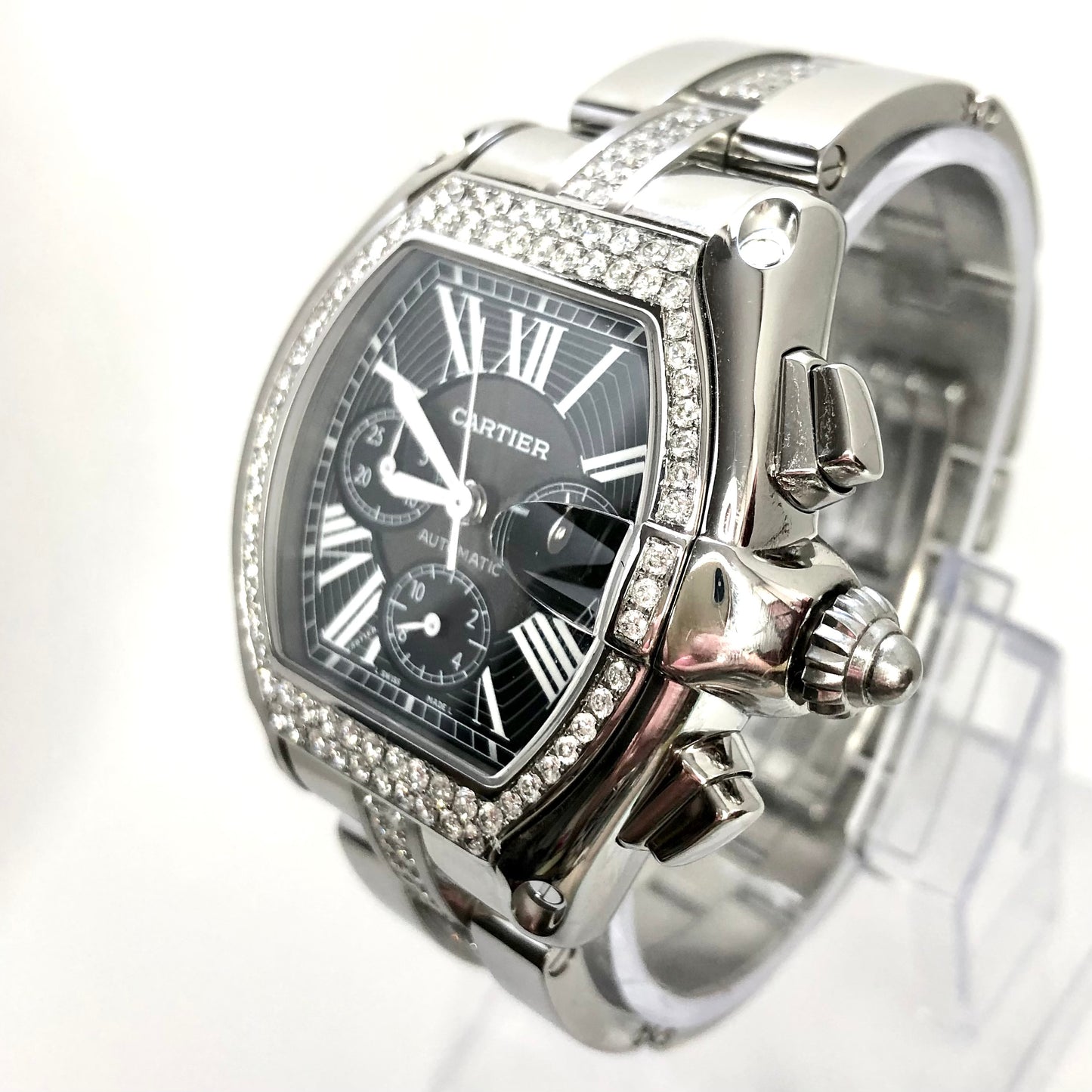CARTIER ROADSTER Chronograph 2618 Automatic 42mm Steel ~4.5TCW Diamond Watch