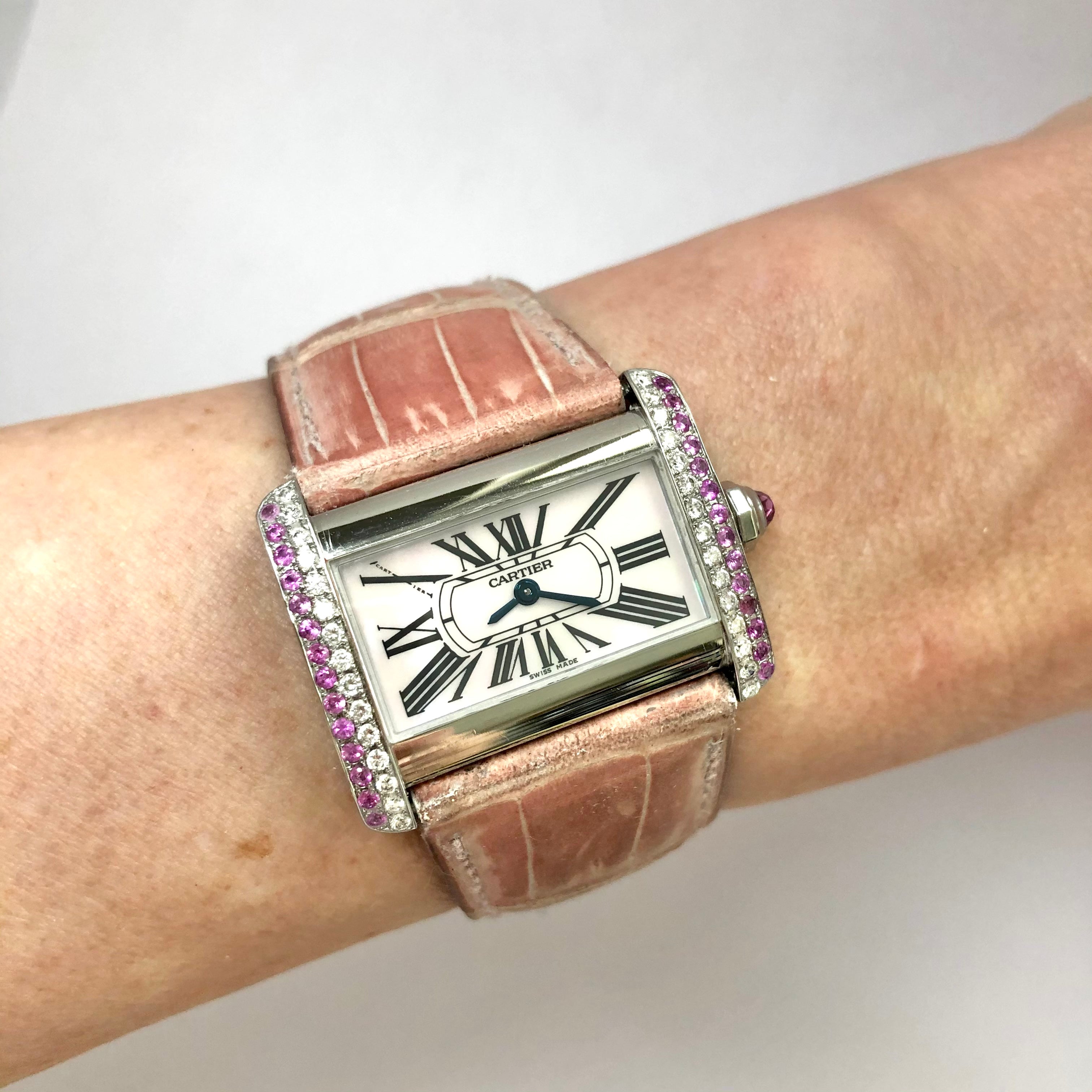 CARTIER TANK DIVAN Quartz Steel 31mm DIAMONDS Pink Sapphires