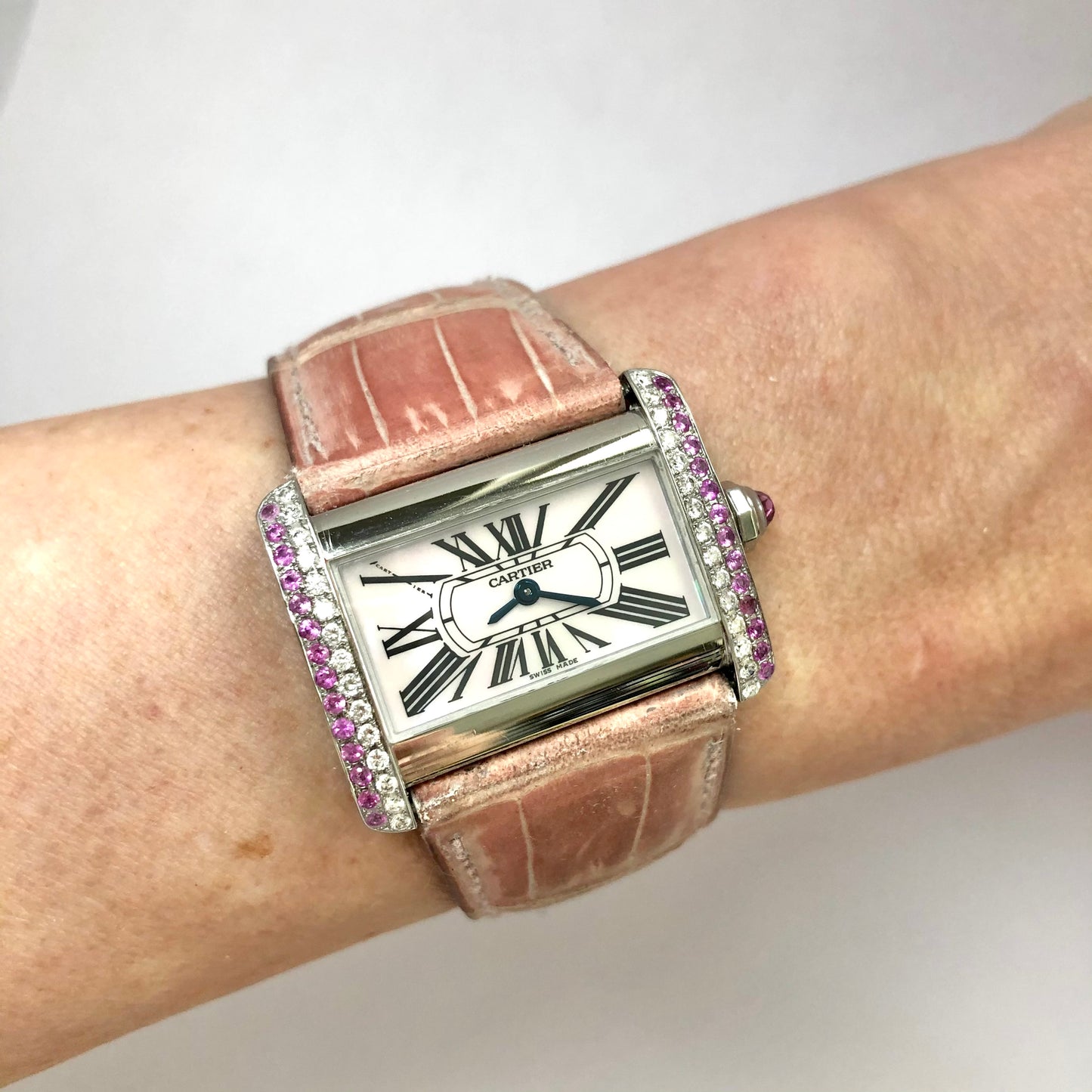 CARTIER TANK DIVAN Quartz Steel 31mm DIAMONDS & Pink Sapphires Watch